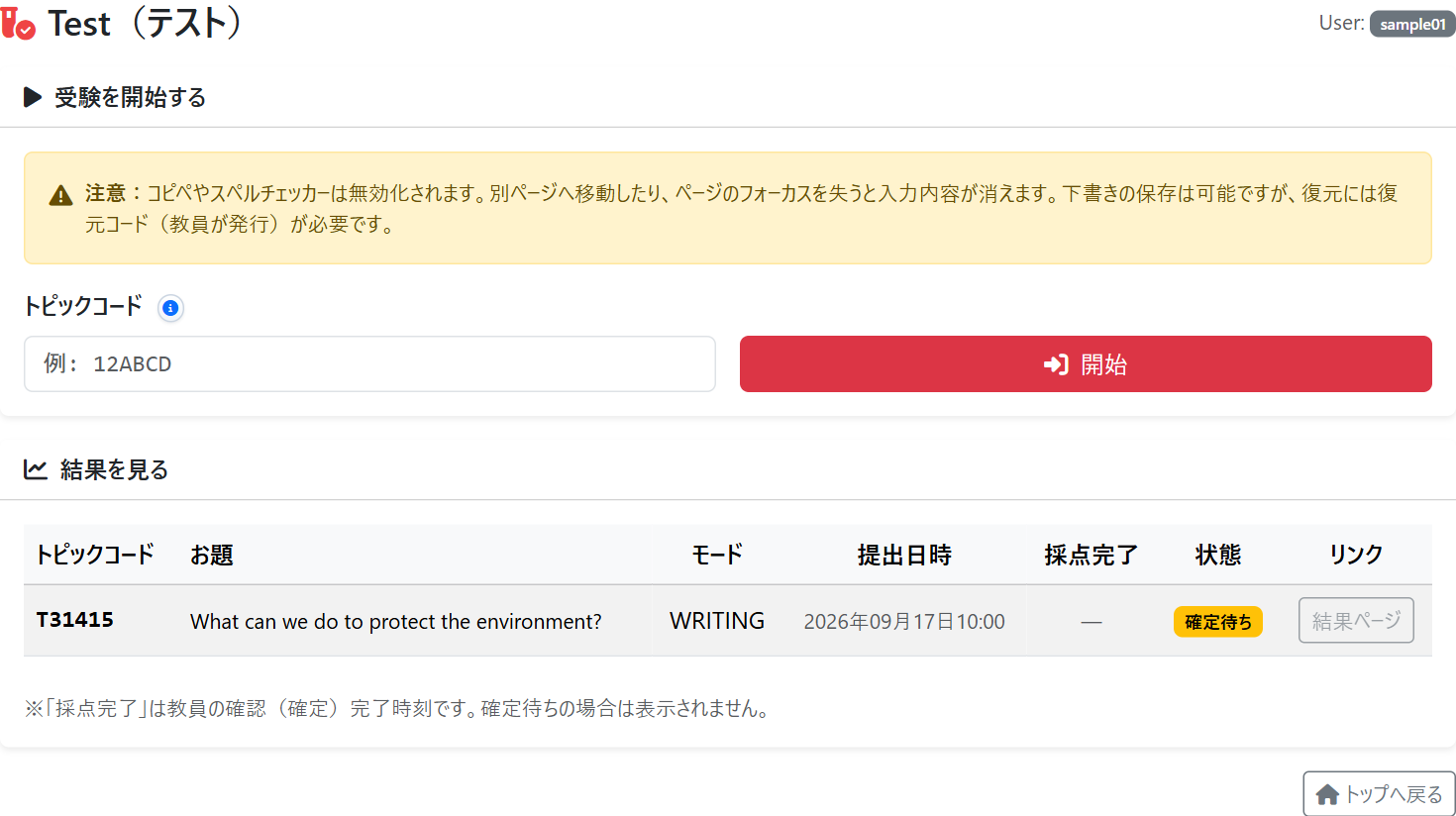 実際のTest画面。テストコードの入力と提出結果の一覧が表示されている。