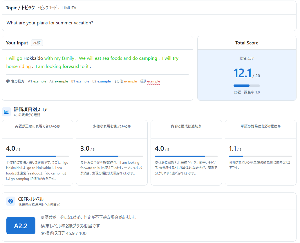 実際のWriting評価画面。英文、総合スコア、観点別スコアが表示されている。